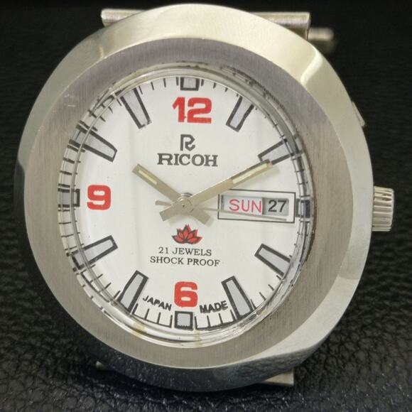 Vintage 1980 Ricoh Automatic Mens Silver Watch W/daydate & Red accents - Picture 3 of 10